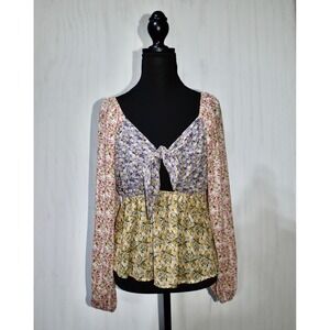 Daytrip Floral Tie-Front Blouse Long Sleeve Bohemian Top Size S‎